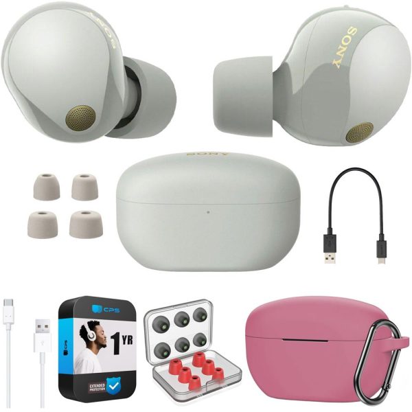 Sony Noise Canceling Truly Wireless Earbuds, Silver + Accessories + Warranty Bundle Supply